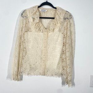 Vintage 70s Alice Stuart Cream Lace Blouse with Pearl Buttons, Size S